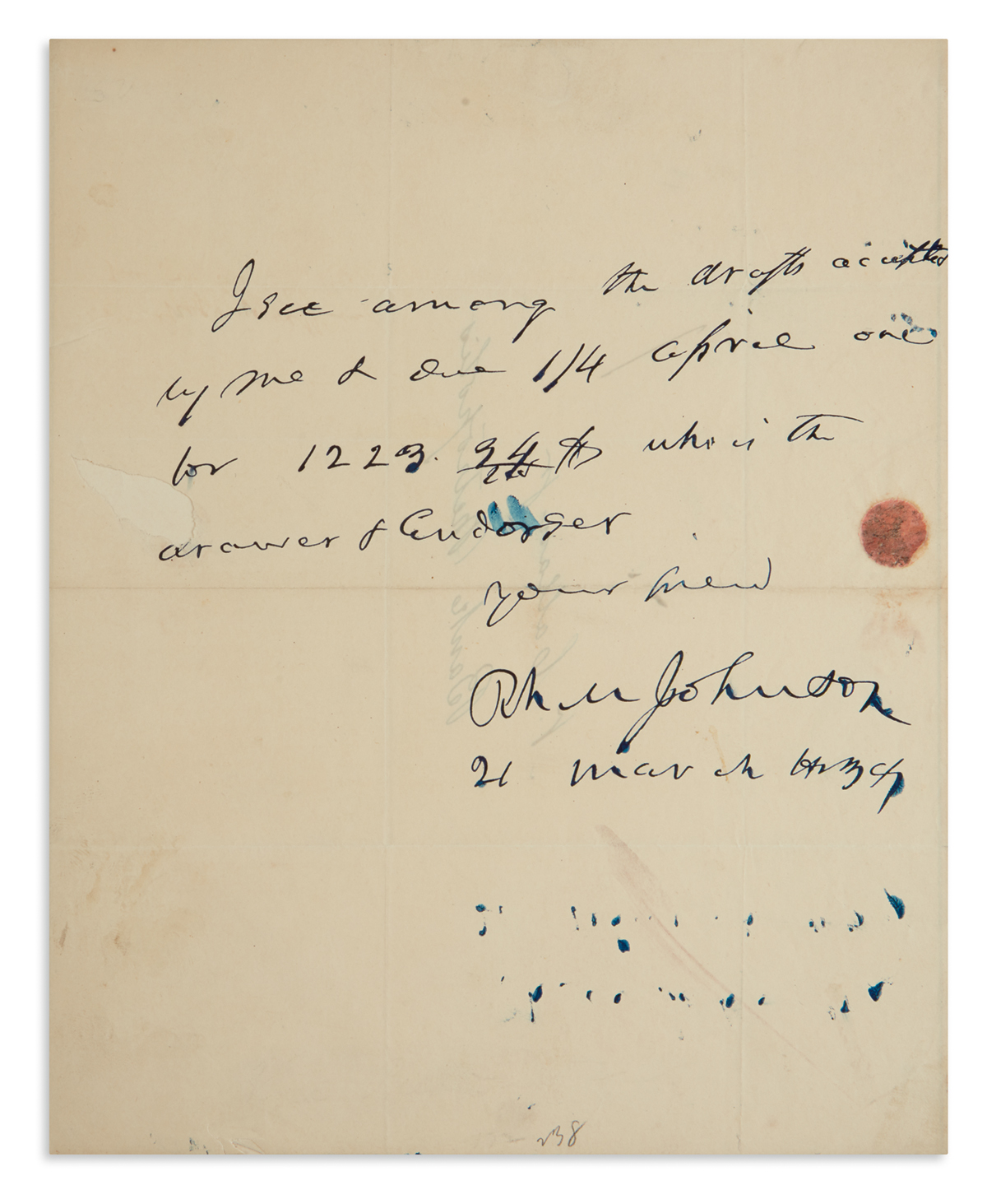 RICHARD MENTOR JOHNSON. Autograph Note Signed, Rh M Johnson, as Representative, to bank clerk N. Callan Jr.: ...